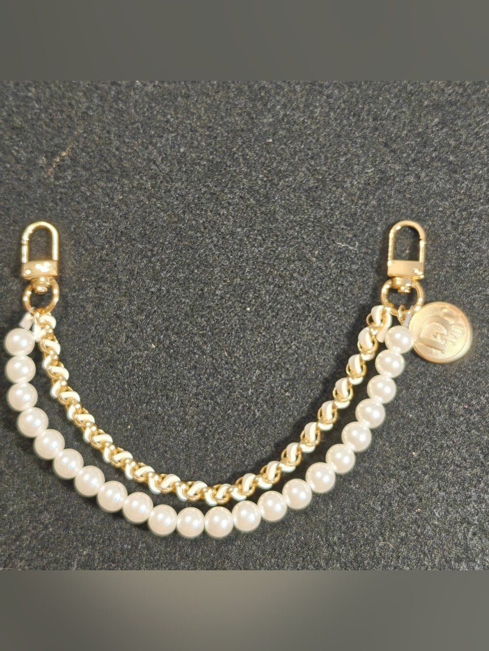 Gold And White Chain With Faux Pearl Bag Charm And CD Button Charm